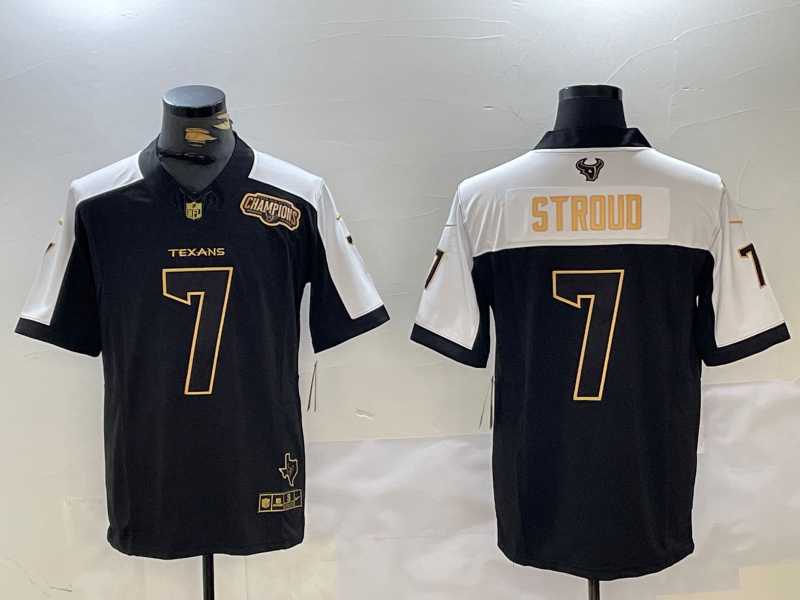 Men%27s Houston Texans #7 CJ Stroud Black White Golden 2023 FUSE South Champions Patch Limited Stitched Jersey Dzhi